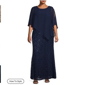 Ignite Evenings Beaded Sequin Floral Lace Caplet Gown Navy 18W